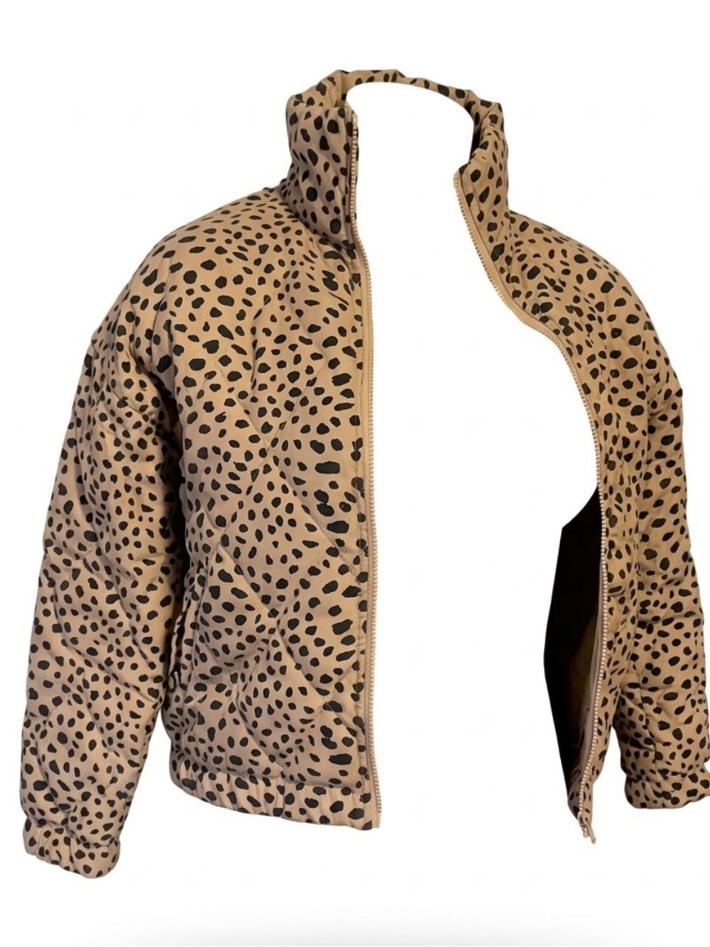 Leopard-Print Quilted Bomber Jacket in Tan and Black